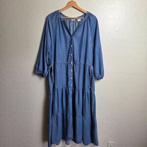 Levi's Cecile Chambray Tiered Midi Dress Blue Lyocell Women's L Cottage Prairie